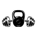 Illustration of of kettlebell and barbell . Design element for logo, label, sign, emblem, poster. Royalty Free Stock Photo