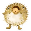 Puffer kid, girl dresses in pufferfish costume smiling