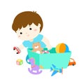 Illustration of kid boy storing toys.