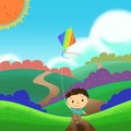 Illustration: A Kid is Running and Flying a Kite in the Colorful Field. Royalty Free Stock Photo