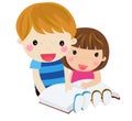 Kids,boy and girl sitting reading a book