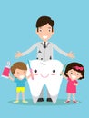 Illustration of Kids Brushing a Tooth, Doctor and kids. Doctor standing together with children take care of and clean a tooth.