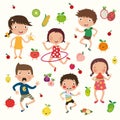 Illustration of kids and fruits, healthy food for children cartoon vector