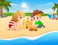 Kids making sand castle and truck toy Royalty Free Stock Photo