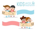 Illustration of Kids Riding cardboard airplane with Banners