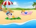 Kids sunbathing on the beach mat