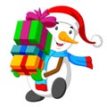 A kind snowman is holding a big box of gift for christmas
