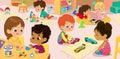 Illustration of the kindergarten class and children`s activity in the kindergarten. Multicultural Kids reading books