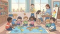 Kindergarten Classroom Kids Learning with Teacher, World Map, Art Royalty Free Stock Photo