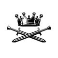 Illustration of king crown and crossed swords in monochrome style. Design element for logo, emblem, sign, poster, t
