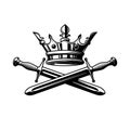 Illustration of king crown and crossed swords in monochrome style. Design element for logo, emblem, sign, poster, t