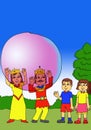 illustration of a king and queen trying to enter a giant bubble made by two children