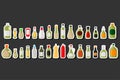 Illustration kit varied glass bottles filled liquid sauce guacamole Royalty Free Stock Photo