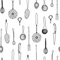 Sketch doodle illustration of kitchen tools, ware, accessories, appliances, equipment, utensils, such as knives, forks, spoons, Royalty Free Stock Photo