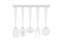 Illustration of kitchen utensils hanging on hooks, scoop, spatula, spoon, fork