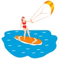 illustration of kite surfing woman takes part at kite surfing design vector