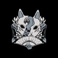 mask kitsune illustration with flower black and white