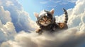 illustration of a kitten in a flight helmet, the kitten is flying in the clouds. Generative AI