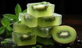 Traditional kiwi and mint Soap Bars on a Rustic Wooden Board