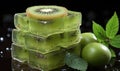 Traditional kiwi and mint Soap Bars on a Rustic Wooden Board