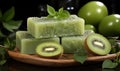 Traditional kiwi and mint Soap Bars on a Rustic Wooden Board