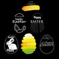 Illustration of label elements Easter phrases .Greeting card text templates with Easter eggs and bunny on black