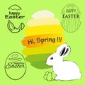 Illustration of label elements Easter phrases .Greeting card text templates with Easter eggs and bunny on green