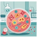 Illustration of a laboratory setting featuring a large petri dish displaying various Royalty Free Stock Photo