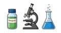 Science lab equipment displayed featuring reagent bottle, microscope, and flask. Royalty Free Stock Photo