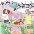 Illustration of ladies camping and having a picnic in a park