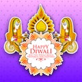 Lady burning diya on Happy Diwal Holiday background for light festival of India