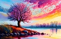 Illustration of a lake landscape with a lonely tree in the foreground, beautiful abstract painting of nature wallpaper Royalty Free Stock Photo