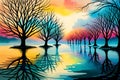 Reflection of trees in the lake at sunset. Vector illustration, colorful abstract wallpaper, calm, serene nature, generative ai Royalty Free Stock Photo
