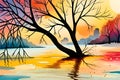 Illustration of a lake with a tree at sunset, colorful abstract painting, nature wallpaper, generative ai Royalty Free Stock Photo