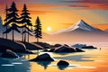 Illustration of a lake with mountains and coniferous trees at sunset, abstract wallpaper, generative ai Royalty Free Stock Photo