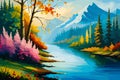 Illustration of a lake in the mountains at sunset with colorful trees, abstract illustration, generative ai Royalty Free Stock Photo