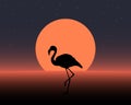 Illustration, landscape, drawn silhouette of a flamingo bird on a sunset background. Print, poster, wall art Royalty Free Stock Photo
