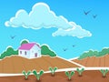 Illustration Landscape Farm with house and seedbeds Royalty Free Stock Photo