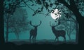 Illustration of landscape with forest, trees and hills, under night green sky with full moon and space for text. Two deer standing Royalty Free Stock Photo