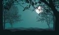 Illustration of landscape with forest, trees and hills, under night green sky with full moon and space for text, vector Royalty Free Stock Photo