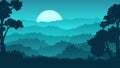 illustration of a landscape mountain mooon light night with trees and grass background and wallpaper