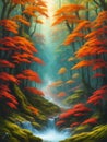 Illustration landscape view of red leaf forest and creek, created with generative AI technology Royalty Free Stock Photo