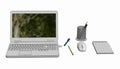 Illustration of Laptop with cordless mouse notepad and pencils