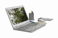 Illustration of Laptop with cordless mouse notepad and pencils