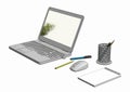 Illustration of Laptop with cordless mouse notepad and pencils Royalty Free Stock Photo