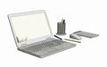 Illustration of Laptop with cordless mouse notepad and pencils Royalty Free Stock Photo