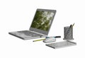 Illustration of Laptop with cordless mouse notepad and pencils Royalty Free Stock Photo