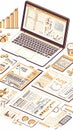 Illustration of a laptop with financial charts and analysis documents Royalty Free Stock Photo