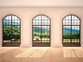 Illustration of large arched windows with a view of nature