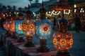 Illustration of large array of colorfully lit lamps, high quality, high resolution